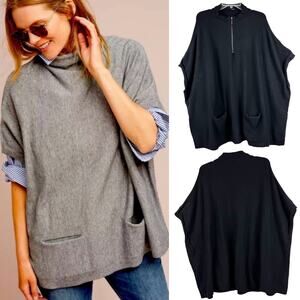 ALYA x Anthropologie Funnel Neck Knit Poncho Oversized Cozy Minimal Black Sz M/L